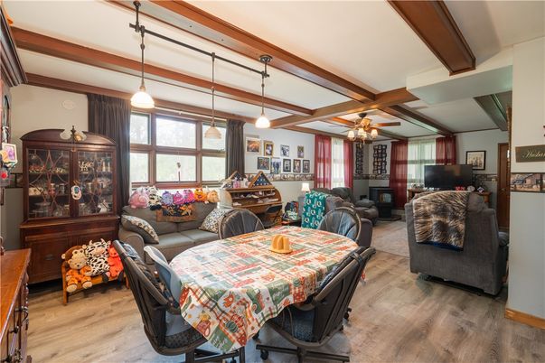 Dining room, Interior, Living room, Pendant Lights, Wooden Beams, Wood Texture Flooring