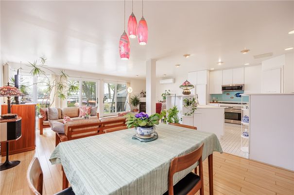 Dining room, Interior, Kitchen, Living room, Pendant Lights, Recessed Lighting, Stainless Steel Appliances, Wood Texture Flooring