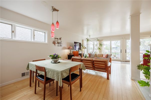 Dining room, Interior, Living room, Pendant Lights, Wood Texture Flooring