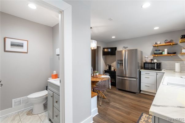 Bathroom, Dining room, Interior, Kitchen, Recessed Lighting, Wood Texture Flooring