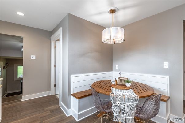Dining room, Interior, Pendant Lights, Recessed Lighting, Wood Texture Flooring
