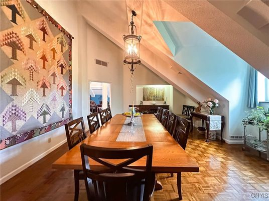 Dining room, Interior, Pendant Lights, Wood Texture Flooring