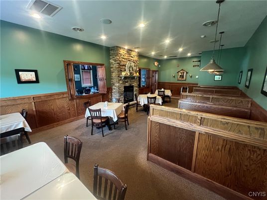Dining room, Fireplace, Interior, Pendant Lights, Recessed Lighting, Stone Walls