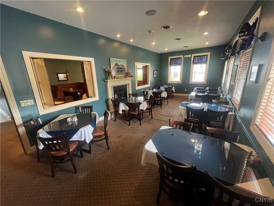 Dining room, Fireplace, Interior, Recessed Lighting