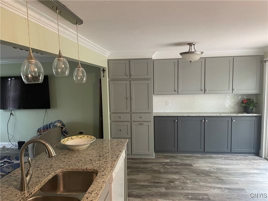 Interior, Kitchen, Pendant Lights, Wood Texture Flooring