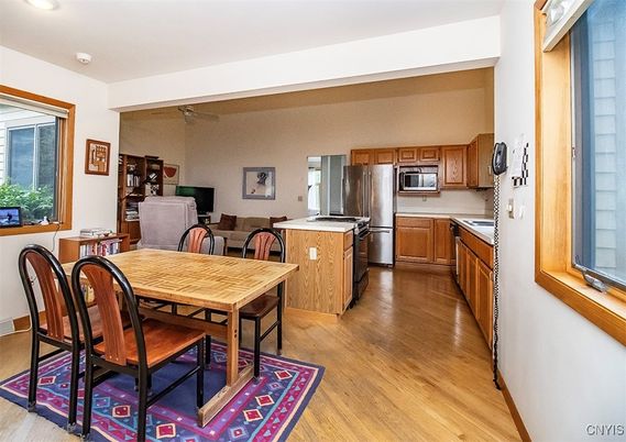 Dining room, Interior, Kitchen, Stainless Steel Appliances, Wood Texture Flooring