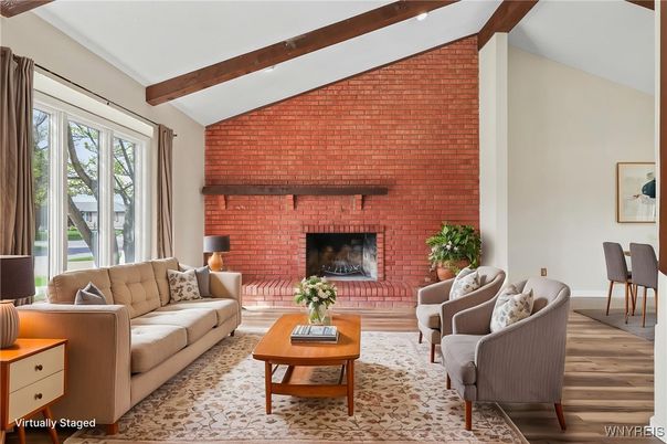 Fireplace, Interior, Living room, Recessed Lighting, Stone Walls, Wooden Beams, Wood Texture Flooring