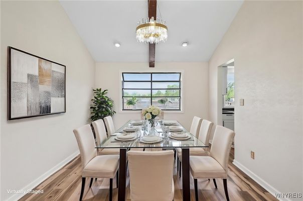 Dining room, Interior, Recessed Lighting, Wood Texture Flooring