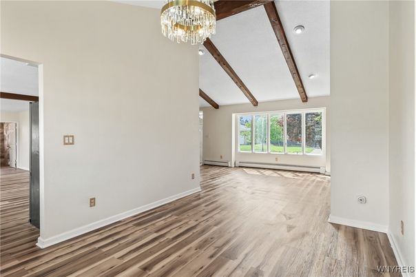 Chandelier, Empty room, Interior, Wooden Beams, Wood Texture Flooring
