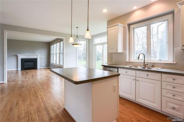 Fireplace, Interior, Kitchen, Pendant Lights, Recessed Lighting, Wood Texture Flooring