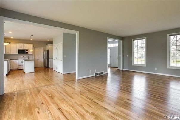Empty room, Interior, Kitchen, Pendant Lights, Recessed Lighting, Wood Texture Flooring