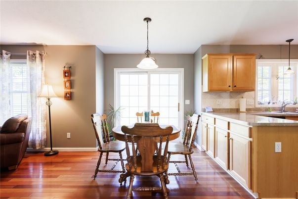 Dining room, Interior, Kitchen, Pendant Lights, Wood Texture Flooring