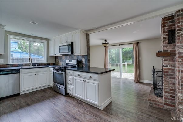 Interior, Kitchen, Recessed Lighting, Stone Walls, Wood Texture Flooring