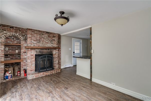 Empty room, Fireplace, Interior, Stone Walls, Wood Texture Flooring