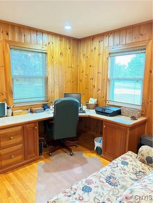 Home Office, Interior, Recessed Lighting, Wood Texture Flooring, Wooden Walls