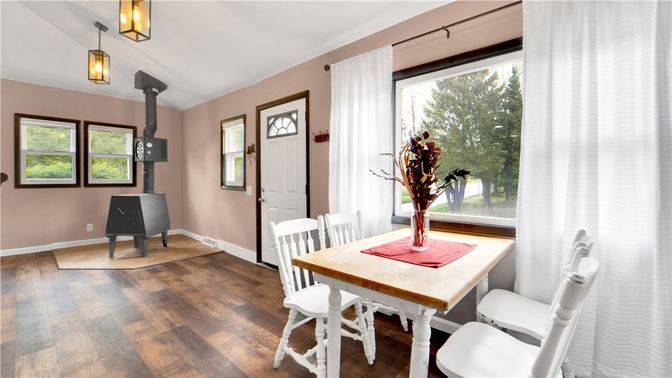 Dining room, Interior, Pendant Lights, Wood Texture Flooring