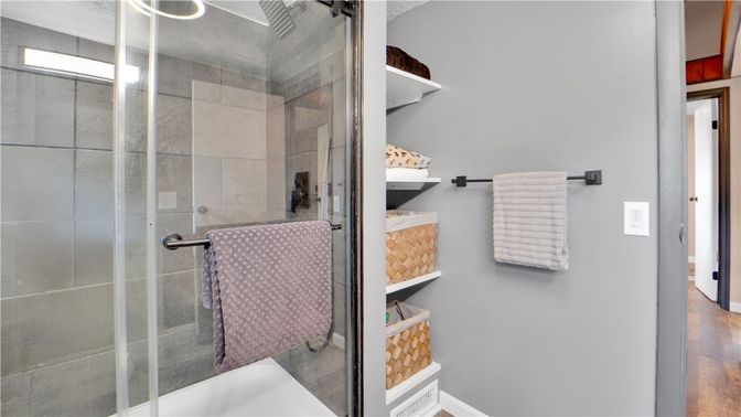 Bathroom, Glass Shower, Interior, Wood Texture Flooring