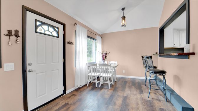 Dining room, Interior, Pendant Lights, Wood Texture Flooring