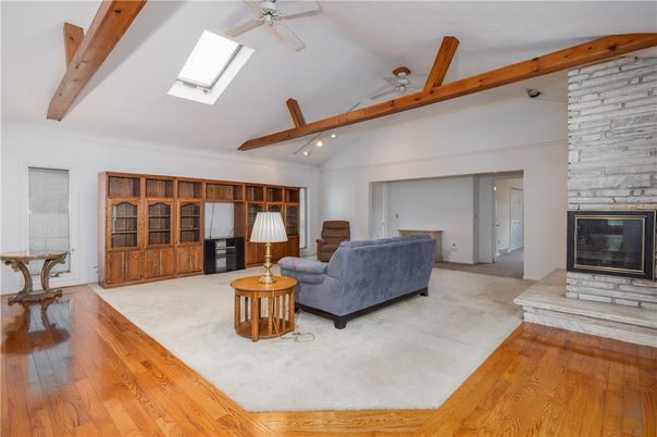 Fireplace, Interior, Living room, Stone Walls, Wooden Beams, Wood Texture Flooring
