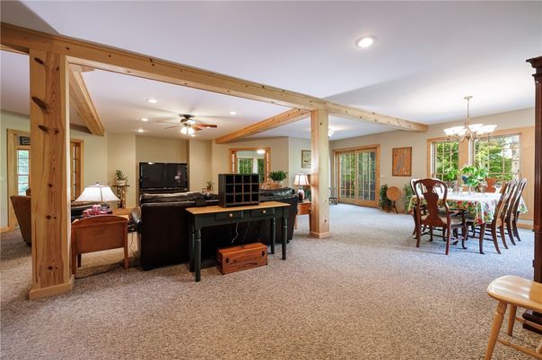 Chandelier, Dining room, Interior, Living room, Recessed Lighting, Wooden Beams