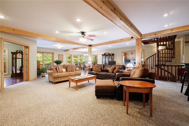 Dining room, Interior, Living room, Recessed Lighting, Wooden Beams