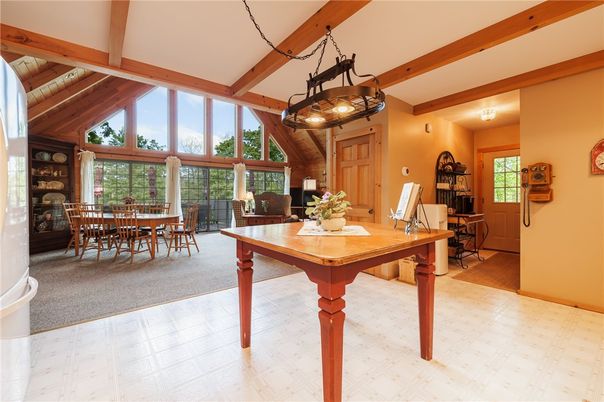 Chandelier, Dining room, Interior, Wooden Beams