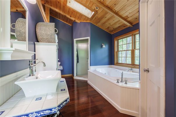 Bathroom, Interior, Tile Countertops, Wooden Beams, Wooden Ceilings, Wood Texture Flooring
