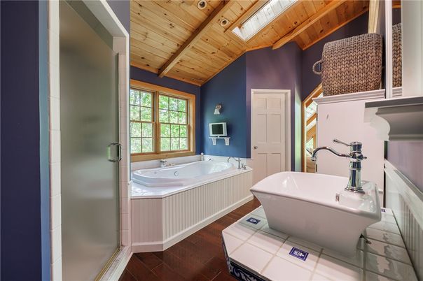 Bathroom, Free Standing Baths, Interior, Wooden Beams, Wooden Ceilings, Wood Texture Flooring