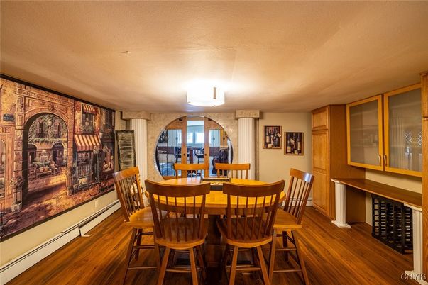 Dining room, Interior, Stone Walls, Wood Texture Flooring