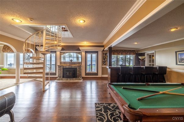 Billiard Table, Fireplace, Game Room, Interior, Recessed Lighting, Wood Texture Flooring