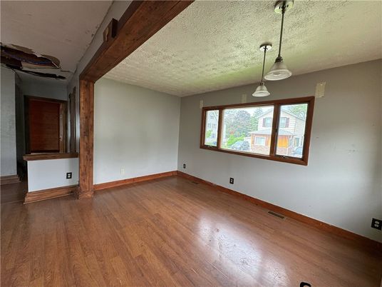 Empty room, Interior, Pendant Lights, Wood Texture Flooring