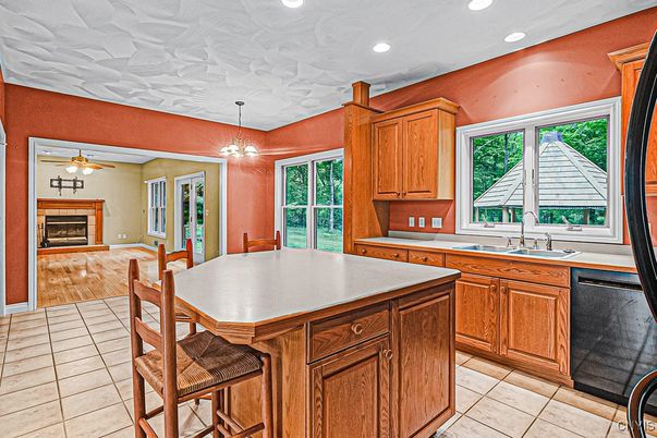 Dining room, Fireplace, Interior, Kitchen, Pendant Lights, Recessed Lighting