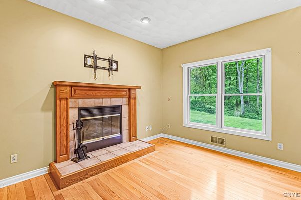 Empty room, Fireplace, Interior, Recessed Lighting, Wood Texture Flooring