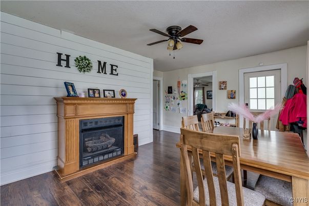 Dining room, Fireplace, Interior, Wood Texture Flooring