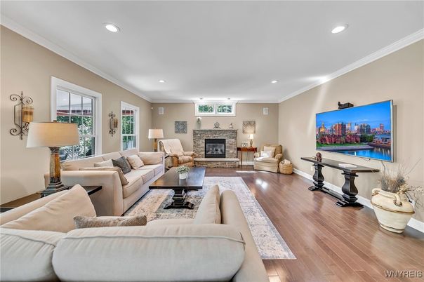Fireplace, Interior, Living room, Recessed Lighting, Wood Texture Flooring