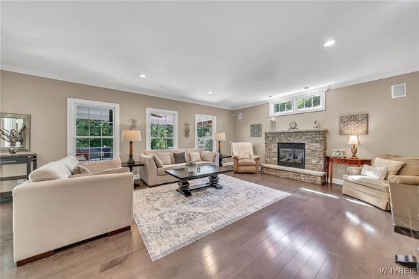 Fireplace, Interior, Living room, Recessed Lighting, Wood Texture Flooring