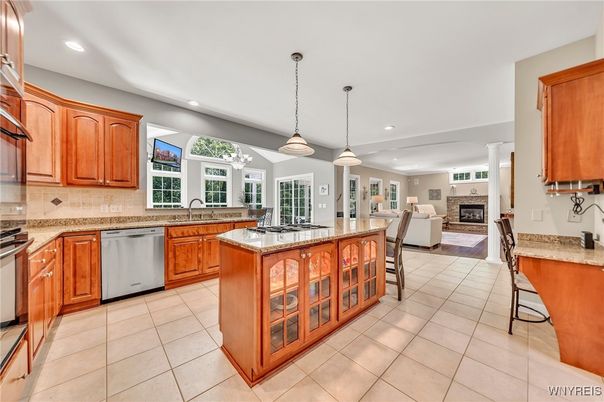 Fireplace, Interior, Kitchen, Living room, Pendant Lights, Recessed Lighting, Stainless Steel Appliances