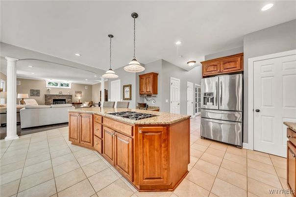 Fireplace, Interior, Kitchen, Living room, Pendant Lights, Recessed Lighting, Stainless Steel Appliances