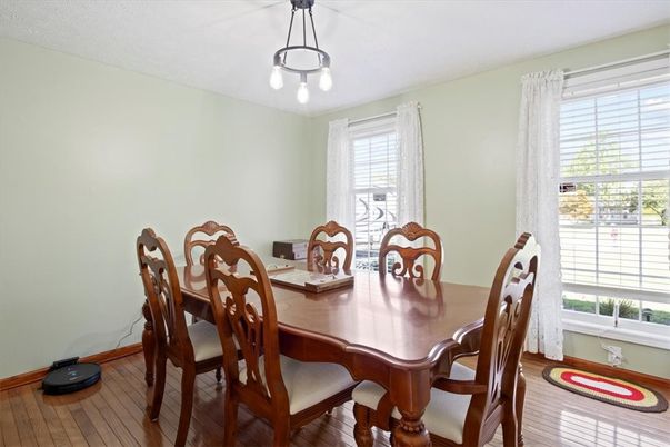 Dining room, Interior, Pendant Lights, Wood Texture Flooring