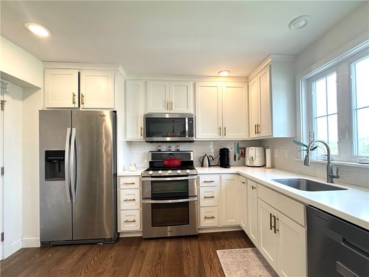 Interior, Kitchen, Recessed Lighting, Stainless Steel Appliances, Wood Texture Flooring