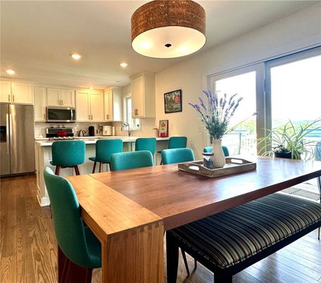 Dining room, Interior, Kitchen, Recessed Lighting, Stainless Steel Appliances, Wood Texture Flooring