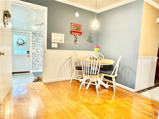 Dining room, Interior, Pendant Lights, Wood Texture Flooring
