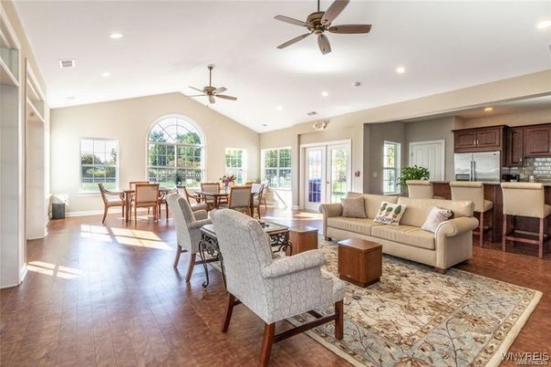 Dining room, Interior, Kitchen, Living room, Recessed Lighting, Stainless Steel Appliances, Wood Texture Flooring