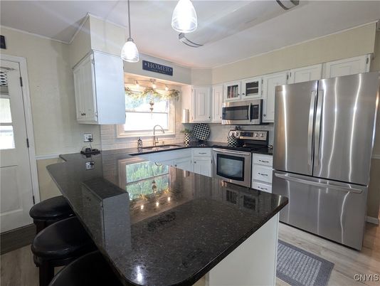 Interior, Kitchen, Pendant Lights, Stainless Steel Appliances, Wood Texture Flooring
