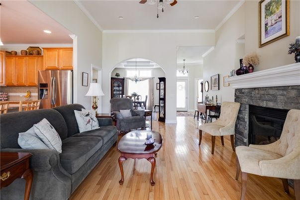 Chandelier, Dining room, Fireplace, Interior, Kitchen, Living room, Pendant Lights, Recessed Lighting, Wood Texture Flooring