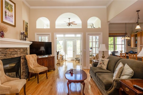 Dining room, Fireplace, Interior, Living room, Pendant Lights, Wood Texture Flooring