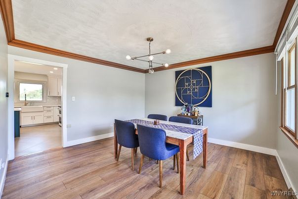 Dining room, Interior, Recessed Lighting, Wood Texture Flooring