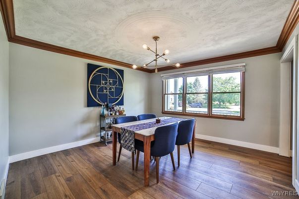 Dining room, Interior, Pendant Lights, Wood Texture Flooring