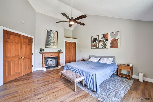 Bedroom, Fireplace, Interior, Wood Texture Flooring