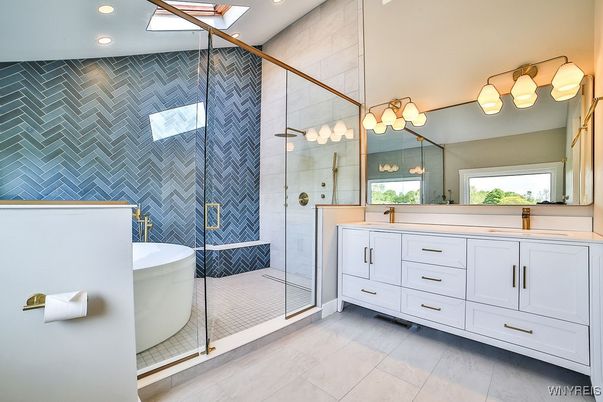 Bathroom, Dual Sink Vanities, Glass Shower, Interior, Recessed Lighting